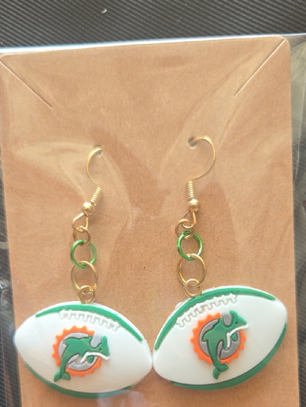 Miami Dolphins Football Earrings - White & Green Dangle Earrings